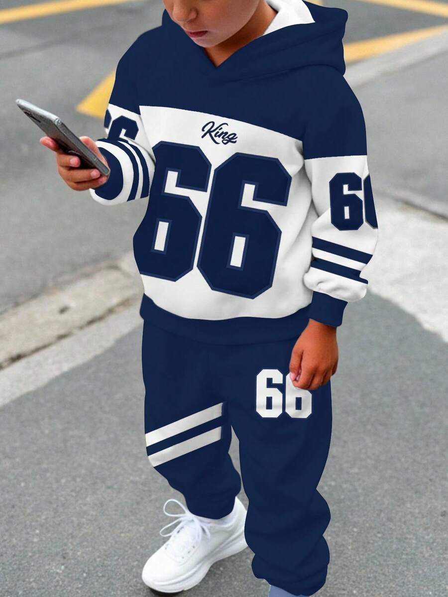 两件套青少年男童休闲时尚经典棒球运动风撞色拼接长袖连帽衫和运动裤套装，印有66号和“King”字样图案，适合秋冬季、返校季、Y2K风格、街头服饰。 - 彩色 - 查看 1