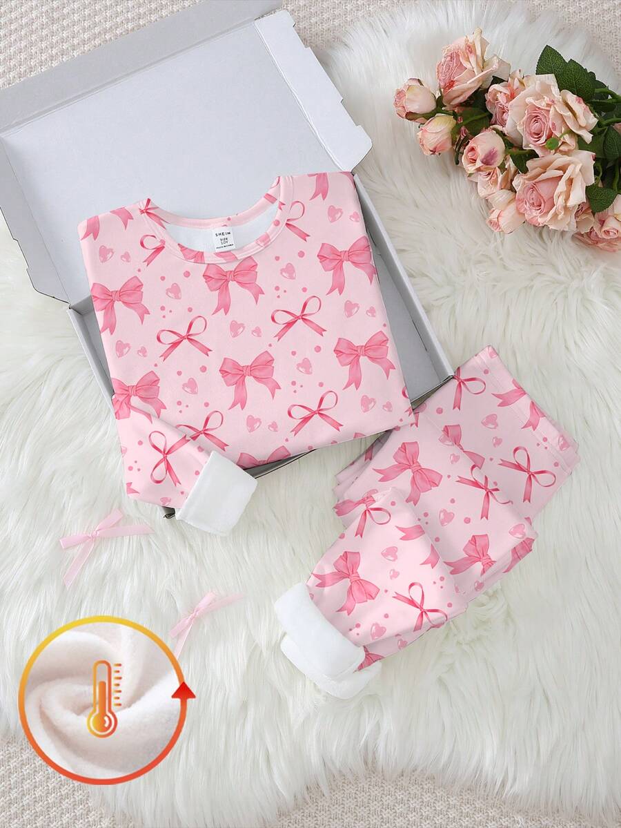 Tween Girl Pink Butterfly Print Knit Elastic Fabric Thickened Pajama Set, Long Sleeve Top And Pants, Fashionable, Elegant, Sweet Style  Snug Fit - Baby Pink - View 1