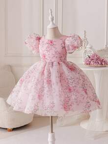 SHEIN Glamorique Kids 小女孩公主裙，花卉印花，蝴蝶结装饰，泡泡袖，适合生日派对、婚礼、节日、舞会等场合。 - 粉色 - 查看 8