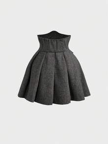 SHEIN MOD 女士纯色不对称下摆长袖上衣和高腰格子印花半裙优雅两件套 - 黑色 - 查看 6