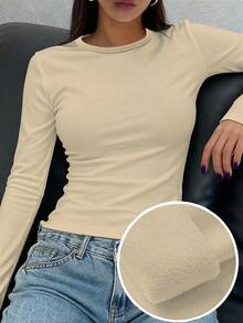 DAZY Kaos Wanita Lengan Panjang Kerah Bulat Minimalis Warna Polos Hangat - Aprikot - View 2