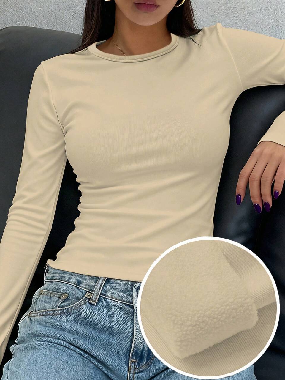 Women's Solid Color Minimalist Crew Neck Long Sleeve Warm T-Shirt