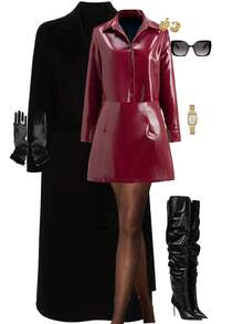 Ellevyn 一套前扣休闲时尚酒红色PU衬衫和迷你裙 - 酒紅色 - 查看 1