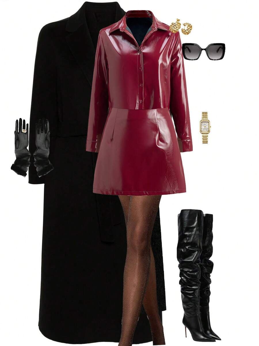 Ellevyn 一套前扣休闲时尚酒红色PU衬衫和迷你裙 - 酒紅色 - 查看 1