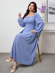 Modelyn Plus Size Women's Elegant Square Neck Maxi Dress, Lantern Sleeve, Ruffle, Tie Back, Solid Color, Autumn Long Dress, Suitable For Party, Office, Airport, Commute, Family Gathering, Banquet, Business, Afternoon Tea - Blue - View 5