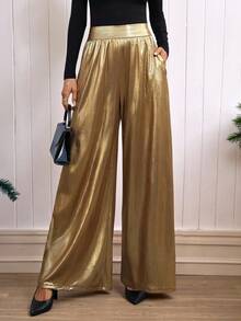 Louniche 女士高腰阔腿裤，带口袋，亮金色面料，派对风格，秋季款 - 金色 - 查看 1