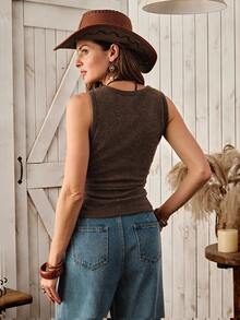 Wildy Women's Casual Country Style Sleeveless Ruched Camisole, Basic Layering Piece For All Seasons, Autumn/Winter,Tank Top - Rust Brown - View 2