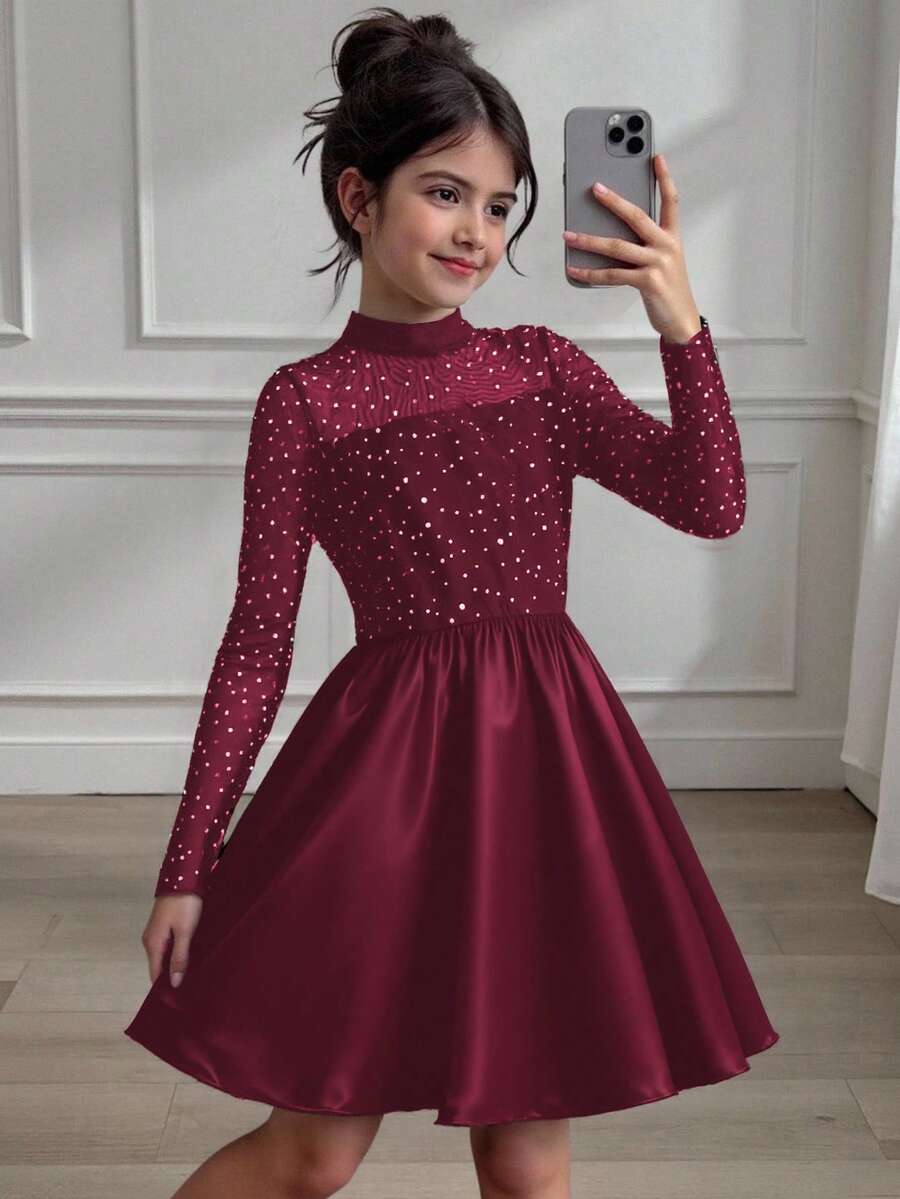 Sparklyn Mädchen elegantes Prinzessinnen-Stil schwarzes Mesh-Kleid - Bordeaux - Übersicht 1