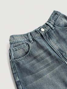 SHEIN 少女口袋宽腿宽松休闲百搭牛仔裤