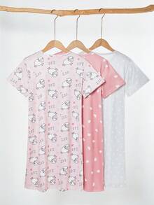 Set de 2 piezas Pijama casual cómodo con estampado de ovejas lindas para niñas, camisón largo de manga corta y cuello redondo - Multicolor - View 3