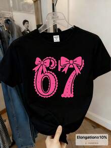 SHEIN Young Girl Pink Summer First Birthday Numeric 67 Ruffle Bow Graphic Print T-Shirt,Cute Chic Casual Letter Slogan Short Sleeve Tee For Daily Wear - Black - View 7