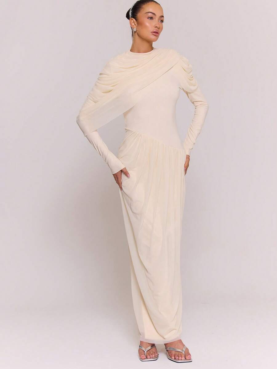 MUSERA Đầm maxi dài thắt eo với lớp vải lưới xếp nếp, thích hợp cho mùa thu, ấm áp, dễ thương, thường ngày, đi chơi tối, hẹn hò, dự tiệc, mùa hè, tiệc cưới, tiệc độc thân, lễ Phục sinh. - Kem - Xem 1