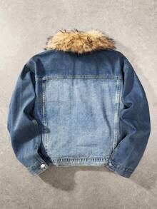 ROMWE MEN Men's Casual Patchwork Fuzzy Collar Ombre Denim Jacket, Autumn/Winter - Blue - View 2