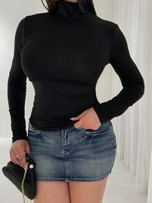 Shopreo Top de cuello alto delgado de unicolor simple, adecuado para otoño e invierno, para mujeres altas - Negro - Ver 5