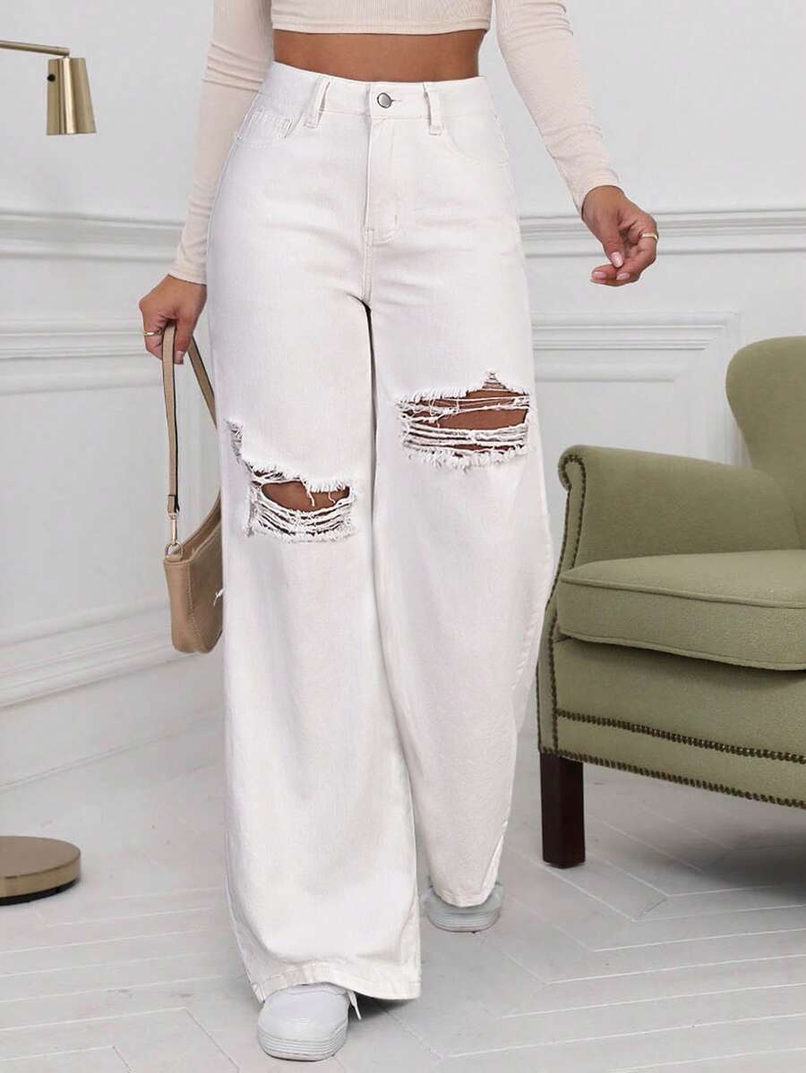 SHEIN ICON Washed Denim Blue High Waist Ripped Wide Leg Jeans - White - View 1