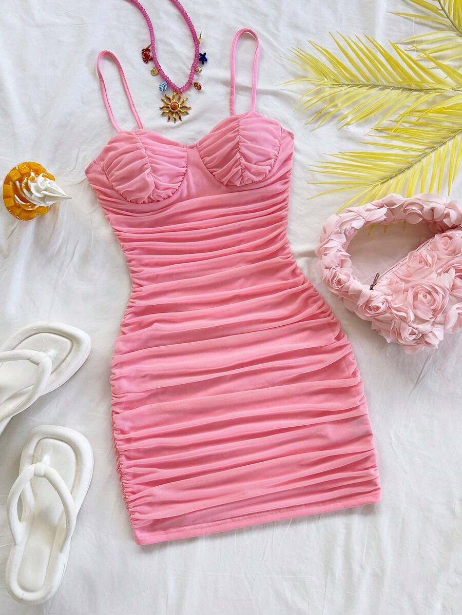 Soleia Red Ruffled Mesh Slip Dress, Suitable For Holiday, Date, Afternoon Tea, Vacation, Music Festival, Boho Style,Pink Birthday Summer Cute - Baby Pink - View 1