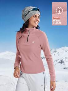 In My Nature Women's Autumn/Winter Half-Zip Stand Collar Raglan Sleeve Fleece Jacket, Warm Outdoor Thermal - Pink - View 2