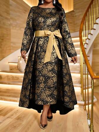 Fleurora Plus Size Heltäckande Tryck Rund Hals Rosettdekor Elegant Långärmad Klänning