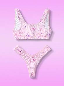 2pcs Butterfly Print Front Closure Bralette & Panty Set, Sweet & Cute Women Lingerie Set For Party, Vacation, Music Festival - Pink - View 2