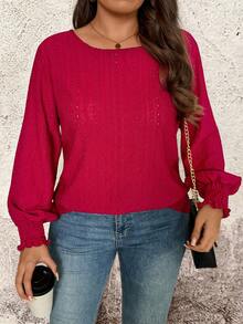 EMERY ROSE Women's Round Neck Long Sleeve Casual Blouse, Versatile For Commuting - Red - View 7