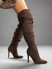 Daringsoles 女式绒面细高跟靴，深棕色，性感派对、舞蹈、宽松腿、褶皱、过膝，秋冬款 - 咖啡棕 - 查看 10