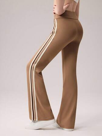 SHEIN Pantalones deportivos acampanados para niñas preadolescentes, de tela elástica y amigable con la piel, con cintura con rayas de contraste, adecuados para caminar, ciclismo, trotar, fitness, yoga