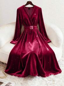 Qadelle Women's Elegant Velvet Patchwork Midi Dress With Waist Cinching - Burgundy - View 6