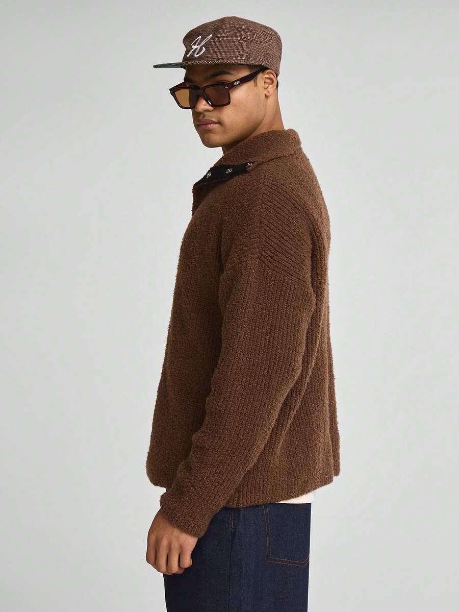 Musero Áo len dài tay dáng rộng, vai rớt, cổ gập cài nút, chất liệu dệt kim, thích hợp cho mùa xuân hè. - màu nâu - Xem 1