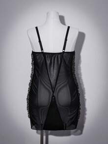 SHEIN Plus Size Trendsetter Series Dual-Color Lace & PU Patchwork Mesh Ruched Design Underwire Lingerie Dress - Black - View 2