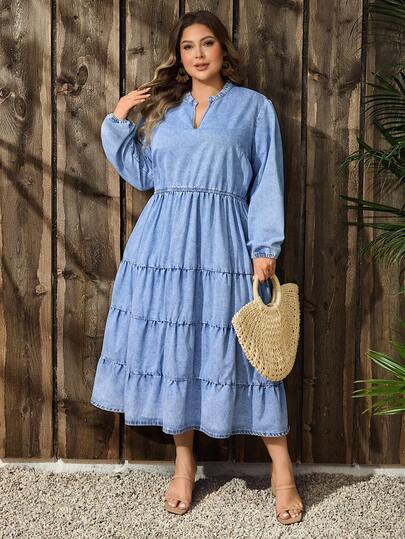 EMERY ROSE 大码时尚度假休闲V领牛仔连衣裙