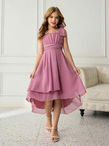 少女无袖可拆卸蝴蝶结腰带多层荷叶边下摆派对连衣裙，优雅大方，适合圣诞节、聚会等场合。 - 粉色 - 查看 4