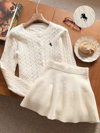 Comfortcana Conjunto casual de 2 piezas de mujer para otoño/invierno con cárdigan de punto con estampado de caballero y minifalda de punto