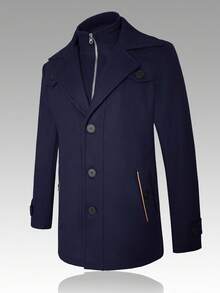 Manfinity Mode Men's Autumn/Winter Business Work Button & Zipper Wool Blend Jacket - Navy Blue - View 3