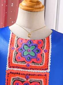 Tween Girls Floral Print Puff Sleeve Round Neck Blue Casual Dress - Blue - View 3