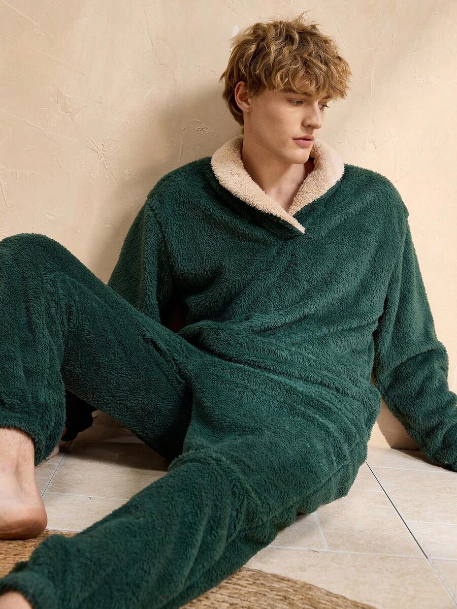 Manfinity Underwear&Sleepwear Basics Men's Drop Shoulder Long Sleeve Loose Fleece Comfortable Warm Pajama Set - Olive Green - View 1