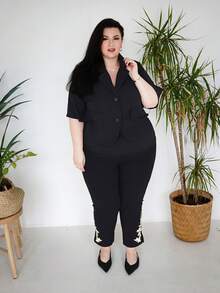 Truni Plus Size Women's V-Neck Short Sleeve Casual Blazer Graduation,Back To School,Teacher Outfits For Women In Fall/Winter, For Pear Triangle Body Shape, For Body Shape, For Summer - Black - View 2
