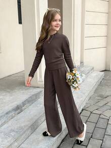 SHEIN Serisse Kids Tween Girls 纯咖啡色纹理针织侧褶紧身长袖 T 恤和阔腿裤两件套，基本款，日常款，适合返校 - 棕色 - 查看 4