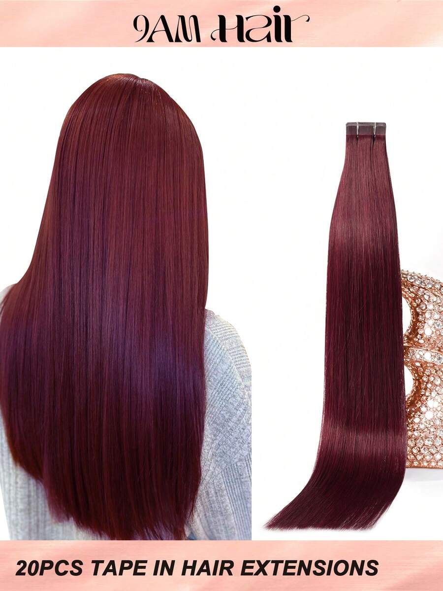 Tape In Hair Extensions 100% Human Hair #99J Wine Red Straight Style In 14-22 Inch Lengths Extensions Silky Seamless Invisible Top Quality Thick Ends Healthy Human Hair Extensions 50g/Pack For Thin Hair And Salon Use - S99J - View 1