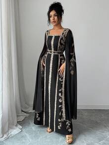 SHEIN Raffinéa 女士方领长袖连衣裙，网纱拼接袖设计，喇叭袖效果，数码定位印花T字A字廓形，适合日常、派对、度假、中东风格等场合。 - 彩色 - 查看 5
