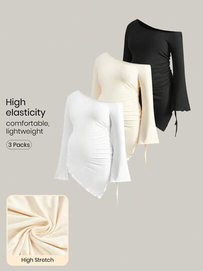 Modmama Maternity Clothes Maternity Tops Spring And Summer Pregnant Clothes Multi-Pack Of 3-Color Maternity T-Shirts. Comfortable And Casual With Drawstring And Asymmetrical Shoulder Design.