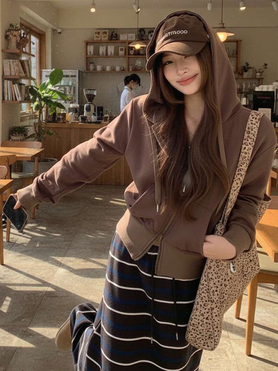 K-Vae 女士休闲时尚百搭修身双拉链抽绳连帽卫衣，春秋季 - 棕色 - 查看 1