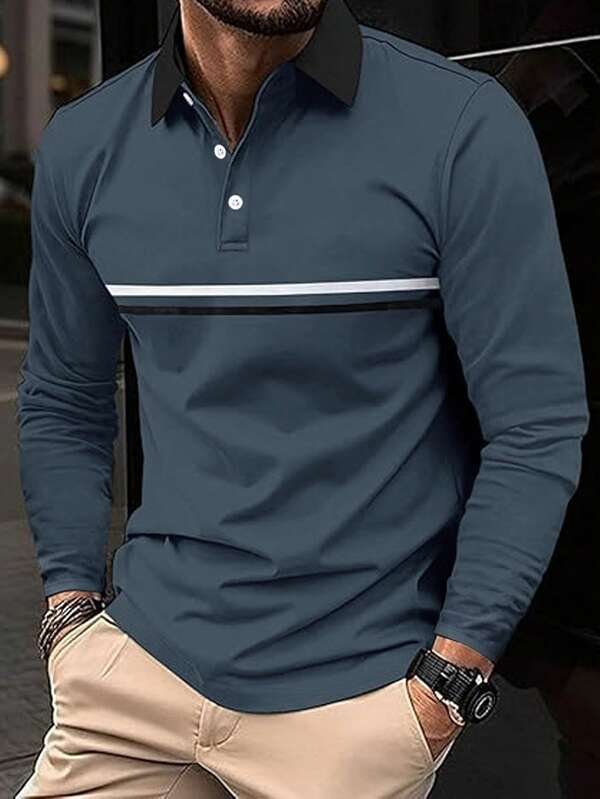 Manfinity Dauomo 男士长袖Polo衫，秋季休闲外套，日常穿着，小图标印花图案设计