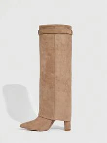 CUCCOO SZL 女士尖头搭扣设计时尚优雅高跟过膝长靴 - 卡其色 - 查看 5
