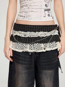 ROMWE Anime 1 Pc Plaid Ruffle Wrap Dress Y2K Layered Waist Skirt With Adjustable Tie Belt And Badge - Black - View 3