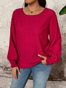 EMERY ROSE Women's Round Neck Long Sleeve Casual Blouse, Versatile For Commuting - Red - View 4