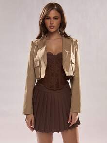 SHEIN Glamour Women's Chic Khaki Autumn Two Piece Set,Fashionable Daily Office Commute Cropped Blazer Jacket&Skirt Suit,Night Out Brown Pocket Turnover Jacket - Khaki - View 6