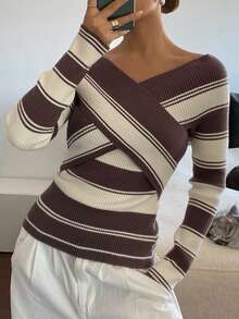 DAZY Women's Casual Contrast Striped V-Neck Sweater, Autumn - Coffee Brown - View 4
