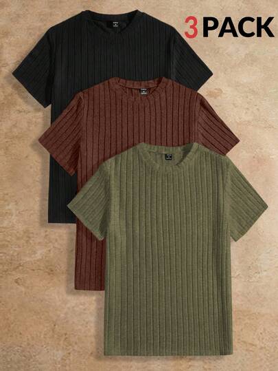HIMLAND Camiseta de manga corta de punto de cuello redondo acanalado de unicolor versátil, camiseta de punto de verano para hombres, camisetas casuales para hombres, camisetas de punto para hombres, paquete de camisetas llanas para hombres