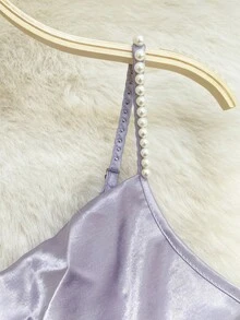 Franclia 女士优雅缎面珍珠吊带连衣裙，闪亮面料，A字廓形，适合通勤、派对和各种活动。 - 淡紫色 - 查看 5