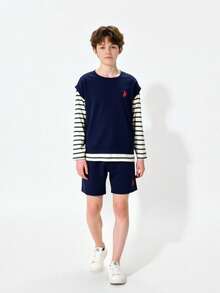 SHEIN Explorewe 2pcs/Set Tween Boys Striped Mock Layer Long Sleeve Top + Shorts,Navy Blue,Autumn,Casual,School,Back-To-School Minimalist Early Spring Travel Outfits - Navy Blue - View 7